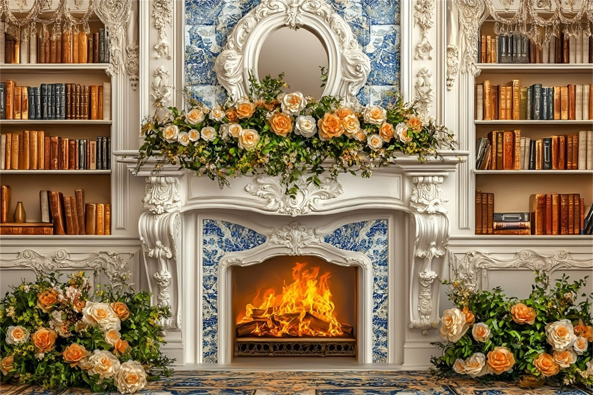 Christmas Fireplace Backdrop Romantic Champagne Rose Bookshelf Wall Christmas Backdrop for Photos UK GQ58-18