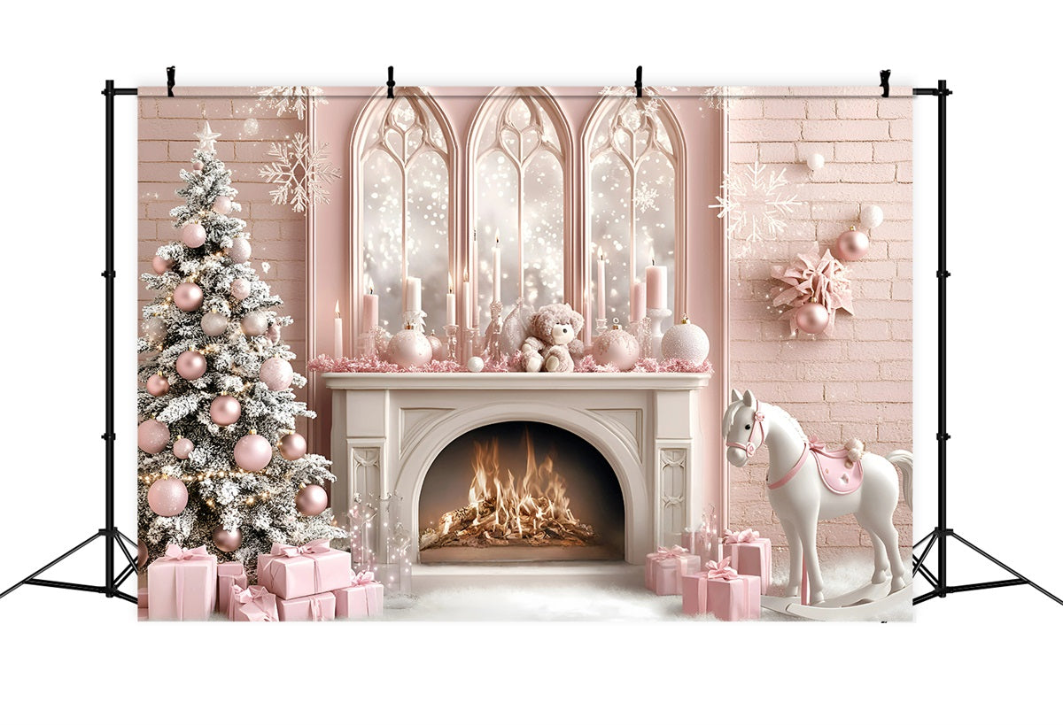 Christmas Fireplace Backdrop Horse Toy Child's Dream Princess Style Pink Christmas Backdrop UK GQ58-20