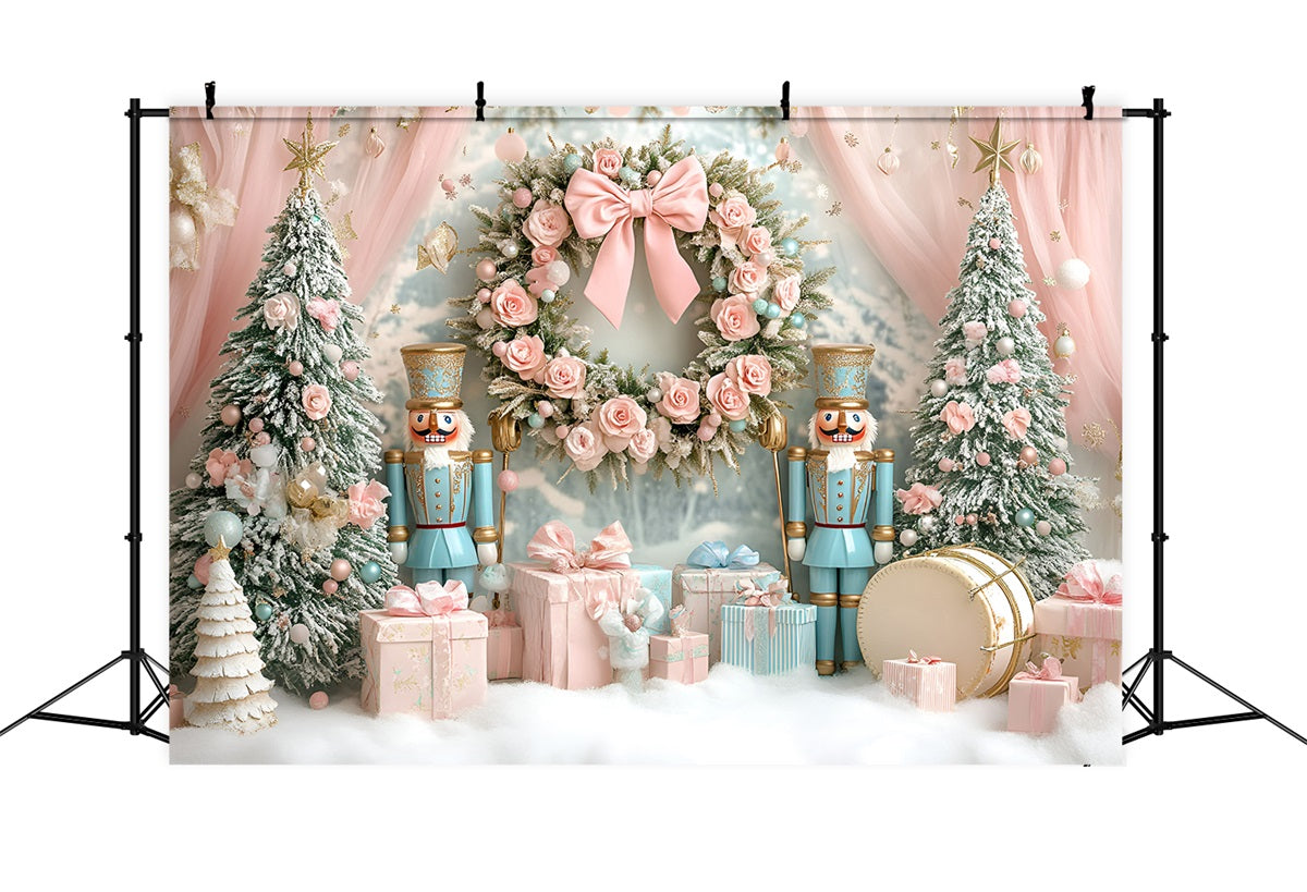 Nutcracker Backdrop Sweet Pink Rose Bow Wreath Pink Christmas Backdrop UK GQ58-22