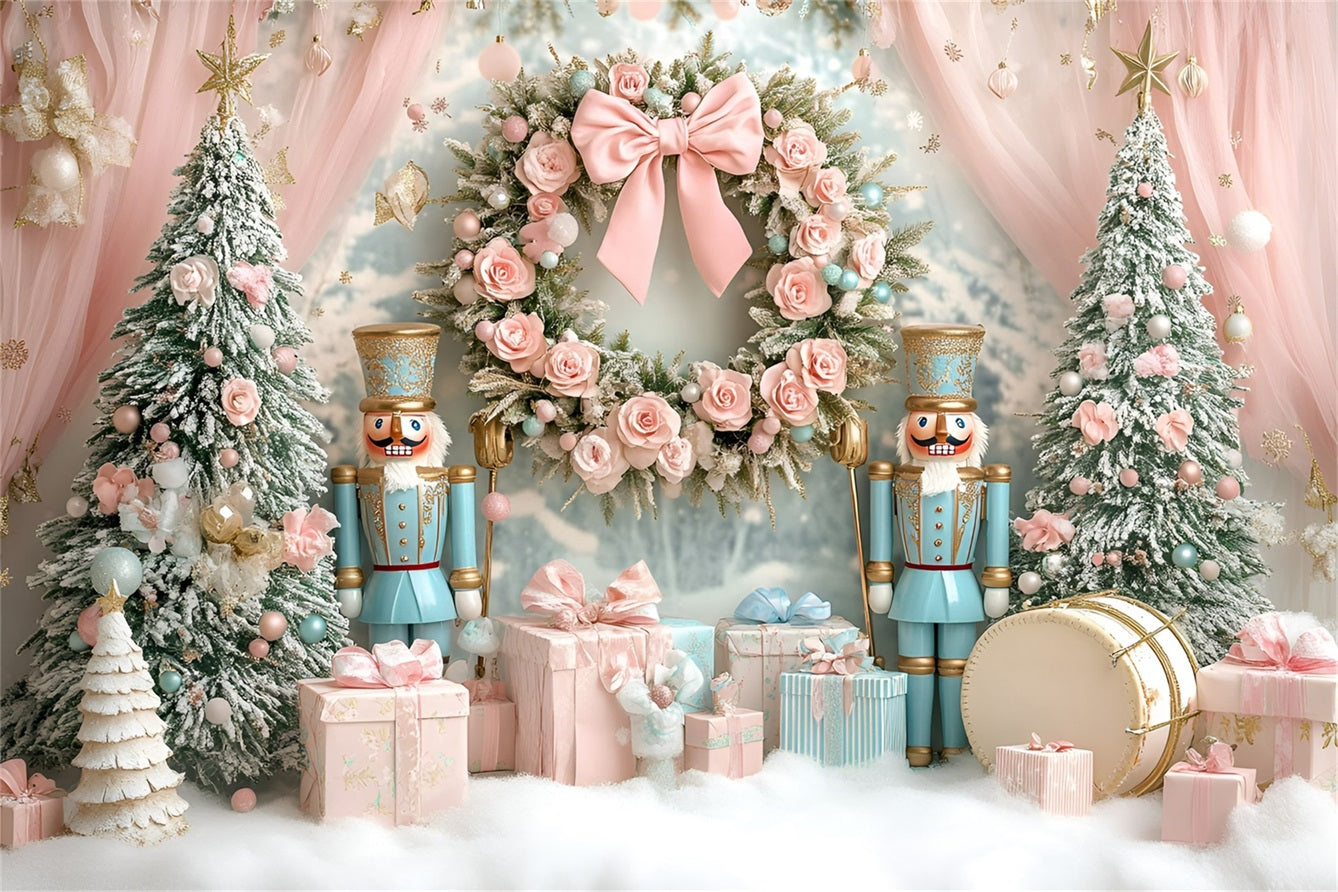 Nutcracker Backdrop Sweet Pink Rose Bow Wreath Pink Christmas Backdrop UK GQ58-22