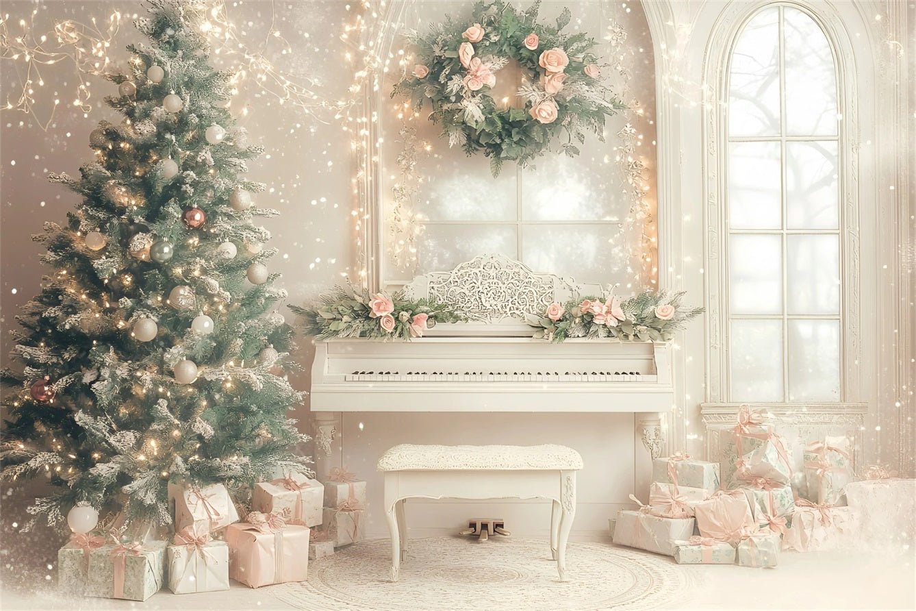 High Resolution Christmas Backdrop Elegant Piano Room Holiday Pink Christmas Backdrop UK GQ58-26