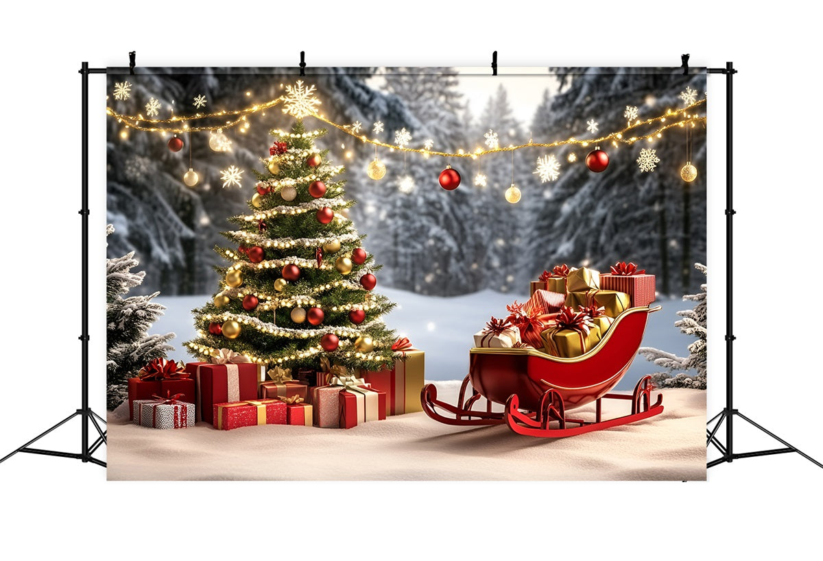 High Resolution Christmas Backdrop Red Sleigh and Golden Gifts Christmas Tree Backdrop UK GQ58-27