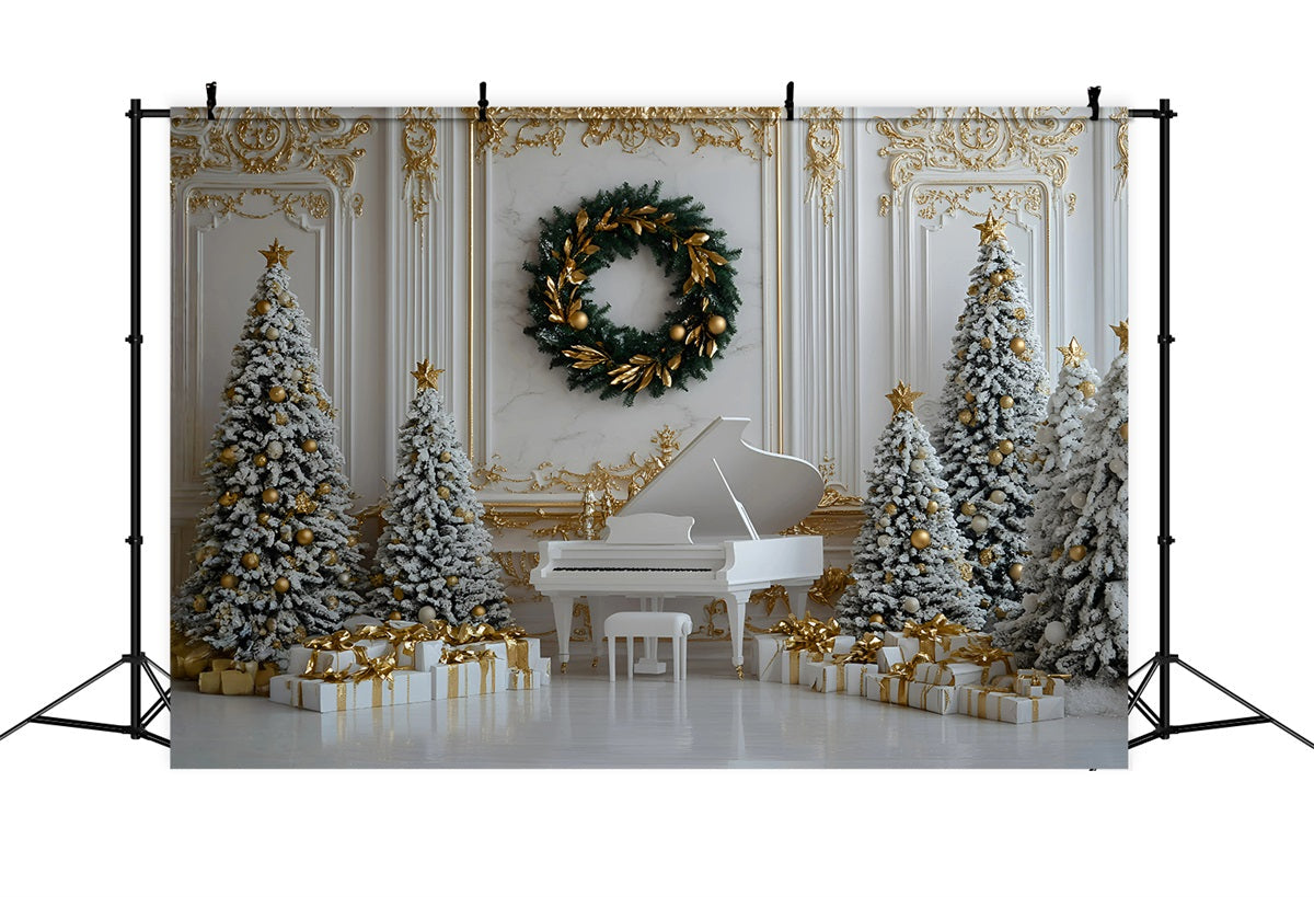 High Resolution Christmas Backdrop White Piano Gold Ornament Decor Christmas Photo Backdrops UK GQ58-28