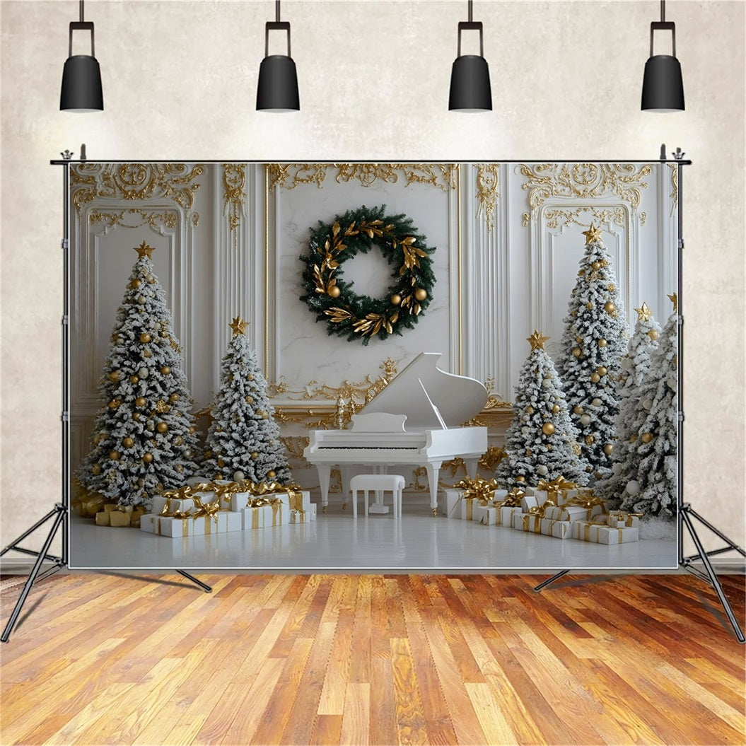 High Resolution Christmas Backdrop White Piano Gold Ornament Decor Christmas Photo Backdrops UK GQ58-28