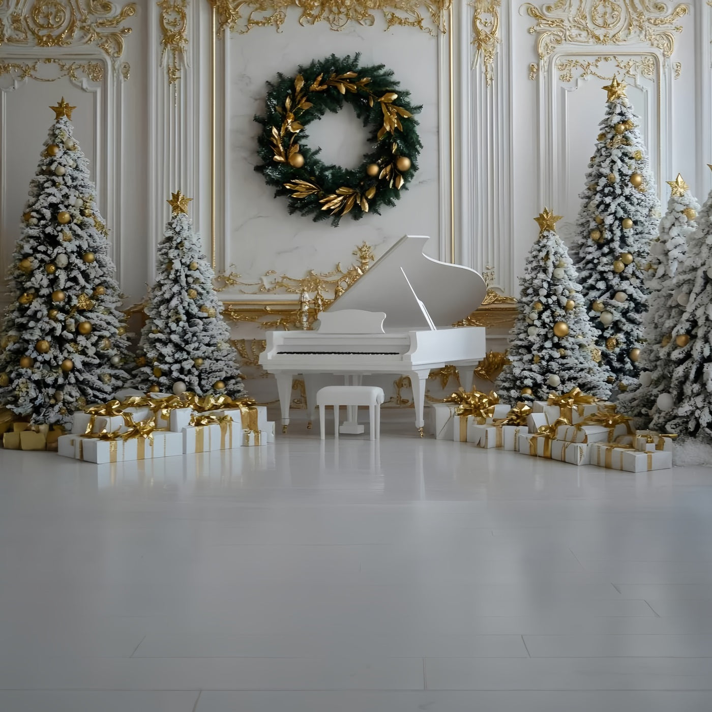 High Resolution Christmas Backdrop White Piano Gold Ornament Decor Christmas Photo Backdrops UK GQ58-28