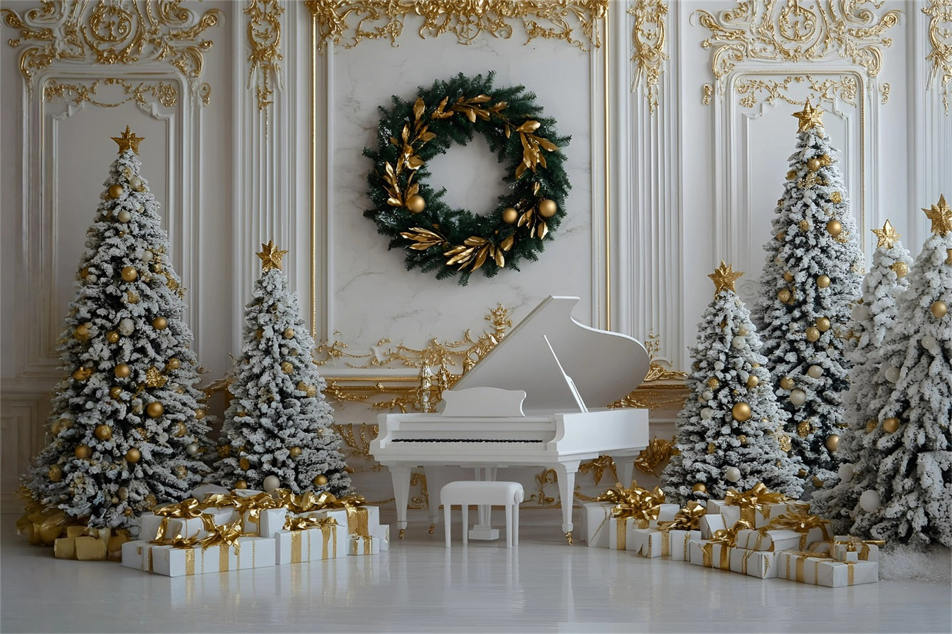 High Resolution Christmas Backdrop White Piano Gold Ornament Decor Christmas Photo Backdrops UK GQ58-28
