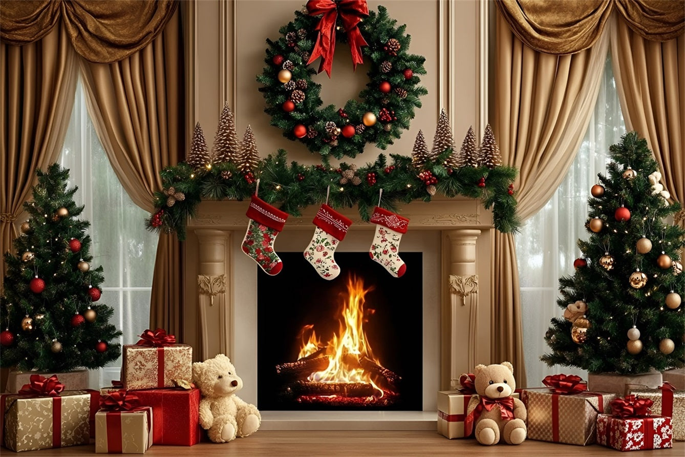 High Resolution Christmas Backdrop Fireplace Wreath Teddy Gift Display Christmas Photo Backdrops UK GQ58-29