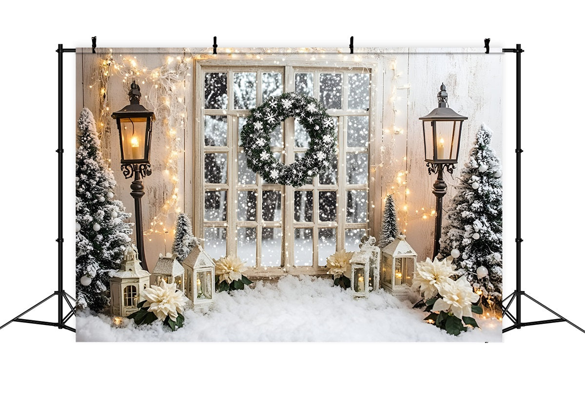 Holiday Backdrops Snowy Window Wreath Lighted White Christmas Backdrop UK GQ58-3
