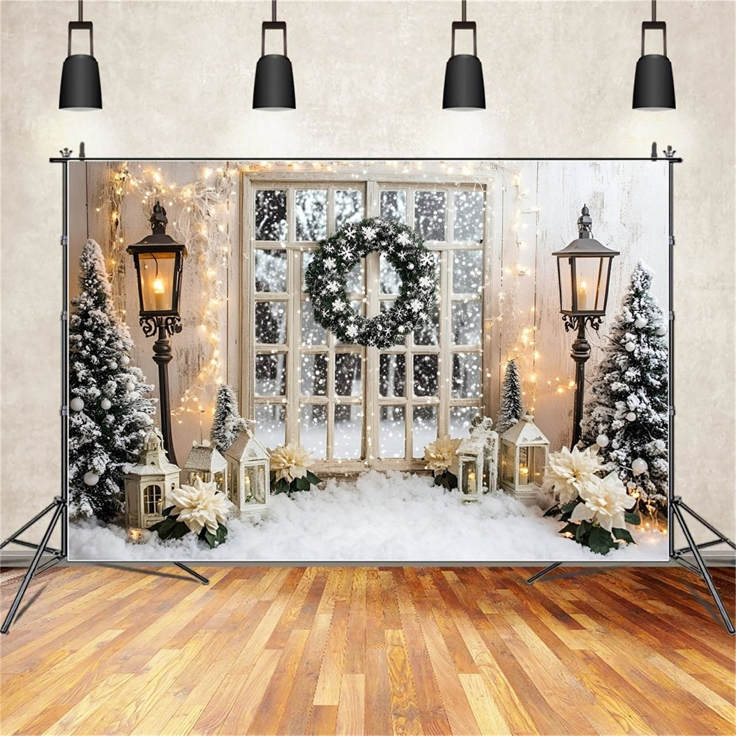 Holiday Backdrops Snowy Window Wreath Lighted White Christmas Backdrop UK GQ58-3