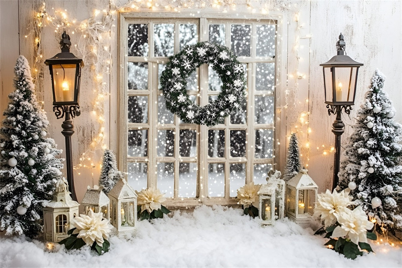 Holiday Backdrops Snowy Window Wreath Lighted White Christmas Backdrop UK GQ58-3