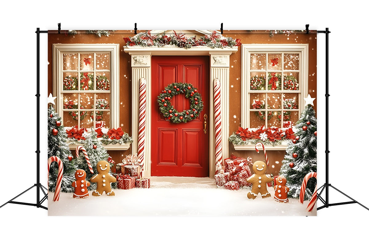 Gingerbread Backdrop Candy Cane Gingerbread Front Door Christmas Backdrops Sale UK GQ58-31