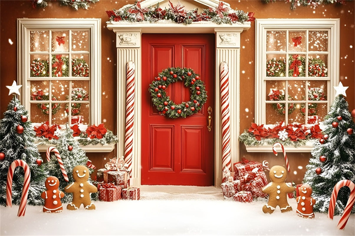 Gingerbread Backdrop Candy Cane Gingerbread Front Door Christmas Backdrops Sale UK GQ58-31