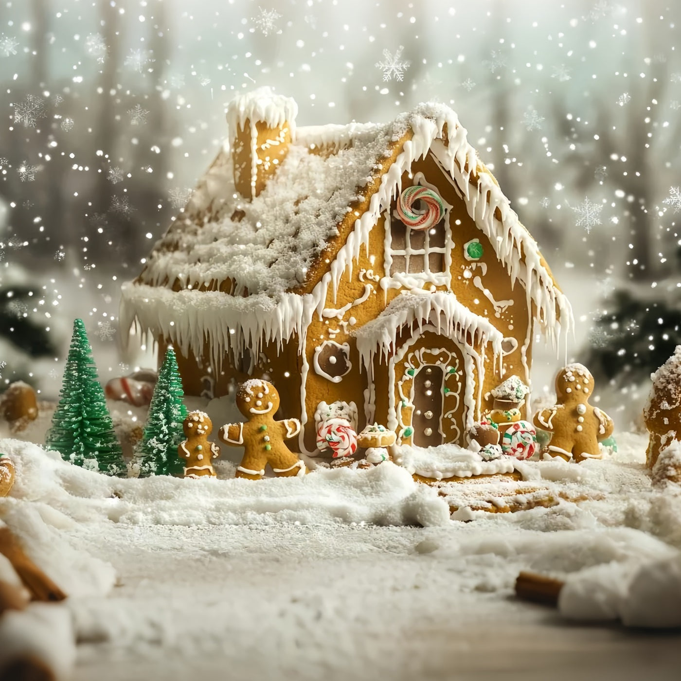 Gingerbread Backdrop Snow-Dusted Gingerbread Family House Christmas Backdrops 10x10 UK GQ58-35