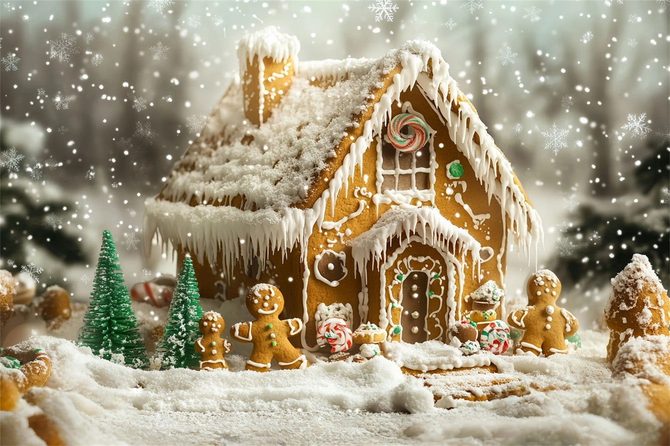 Gingerbread Backdrop Snow-Dusted Gingerbread Family House Christmas Backdrops 10x10 UK GQ58-35