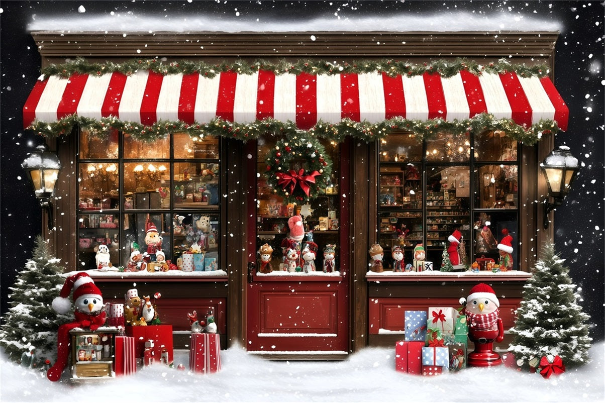 Holiday Photo Backdrop Striped Awning Snowy Toy Shop Christmas Photography Backdrops UK GQ58-38