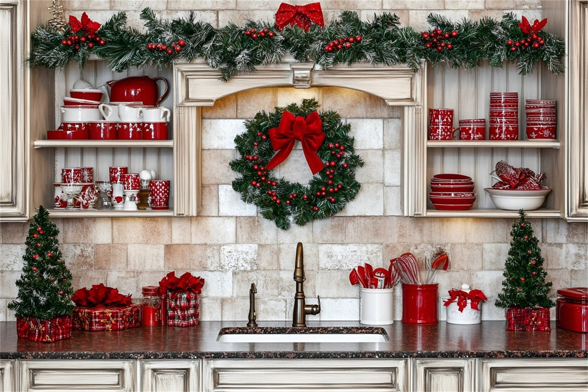 Holiday Photo Backdrop Red Dishware Holiday Kitchen Decor Christmas Kitchen Backdrop UK GQ58-39