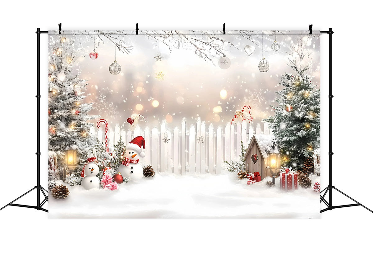 Holiday Backdrops Candy Cane Snowman White Fence White Christmas Backdrop UK GQ58-4