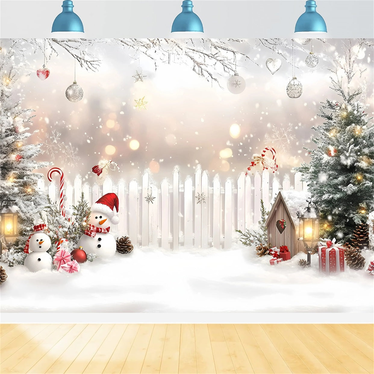 Holiday Backdrops Candy Cane Snowman White Fence White Christmas Backdrop UK GQ58-4