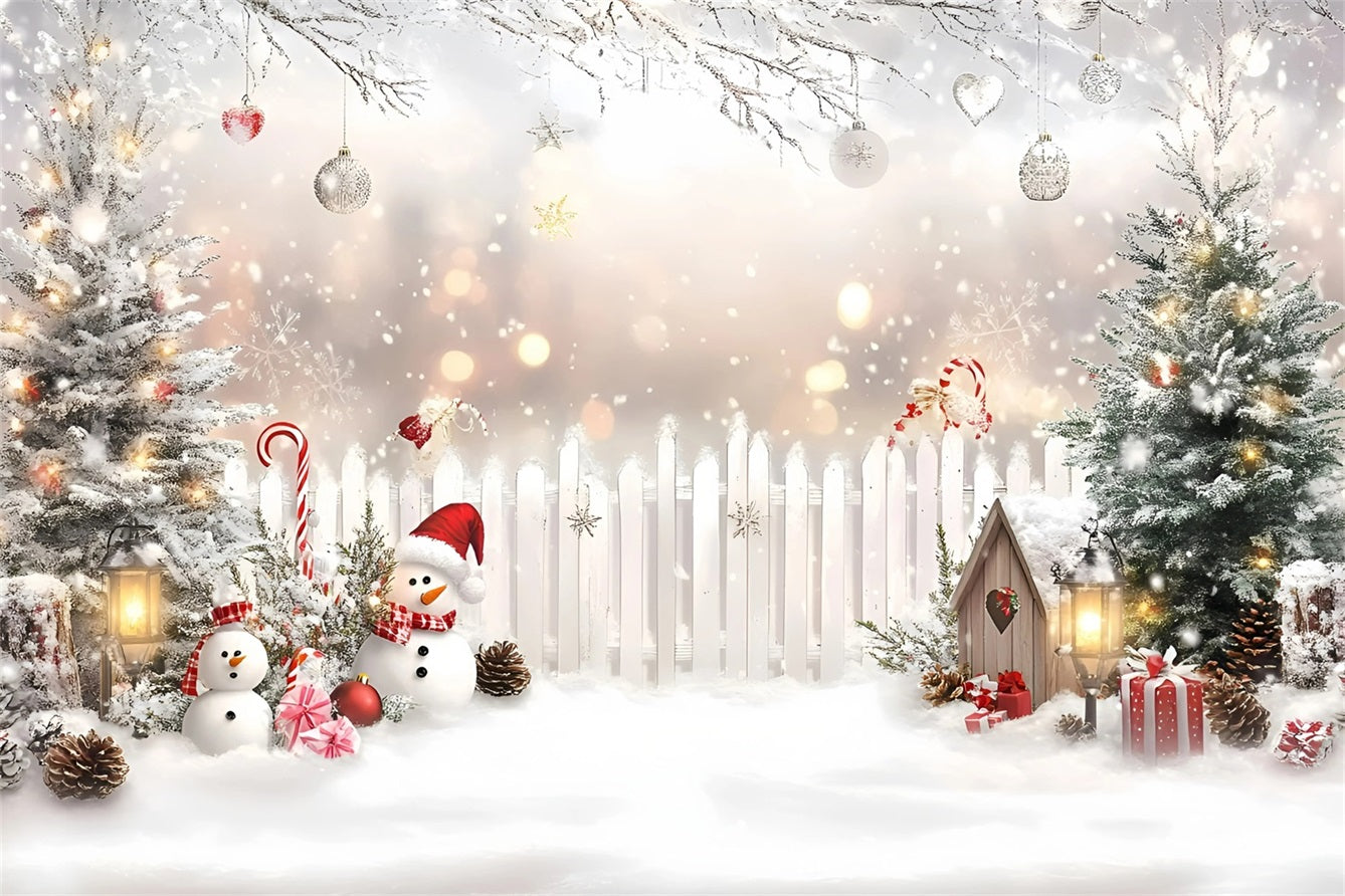 Holiday Backdrops Candy Cane Snowman White Fence White Christmas Backdrop UK GQ58-4