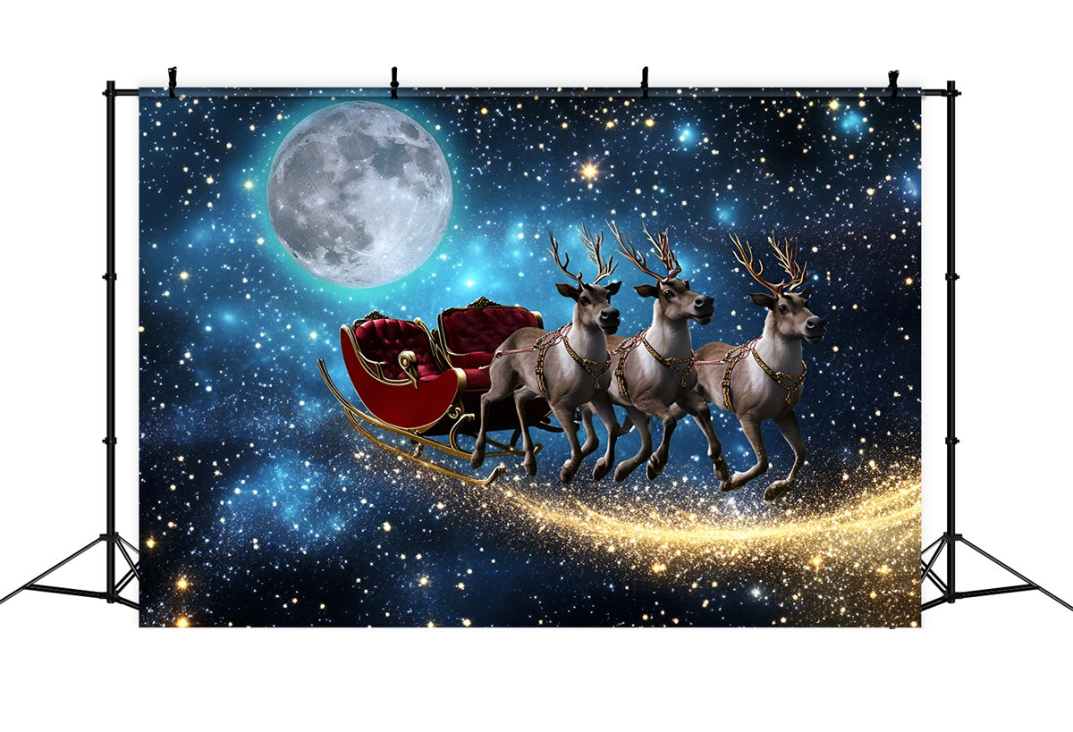 Night Sky Backdrop Flying Reindeer Sleigh Under Moonlight Christmas Backdrops For Photos UK GQ58-44