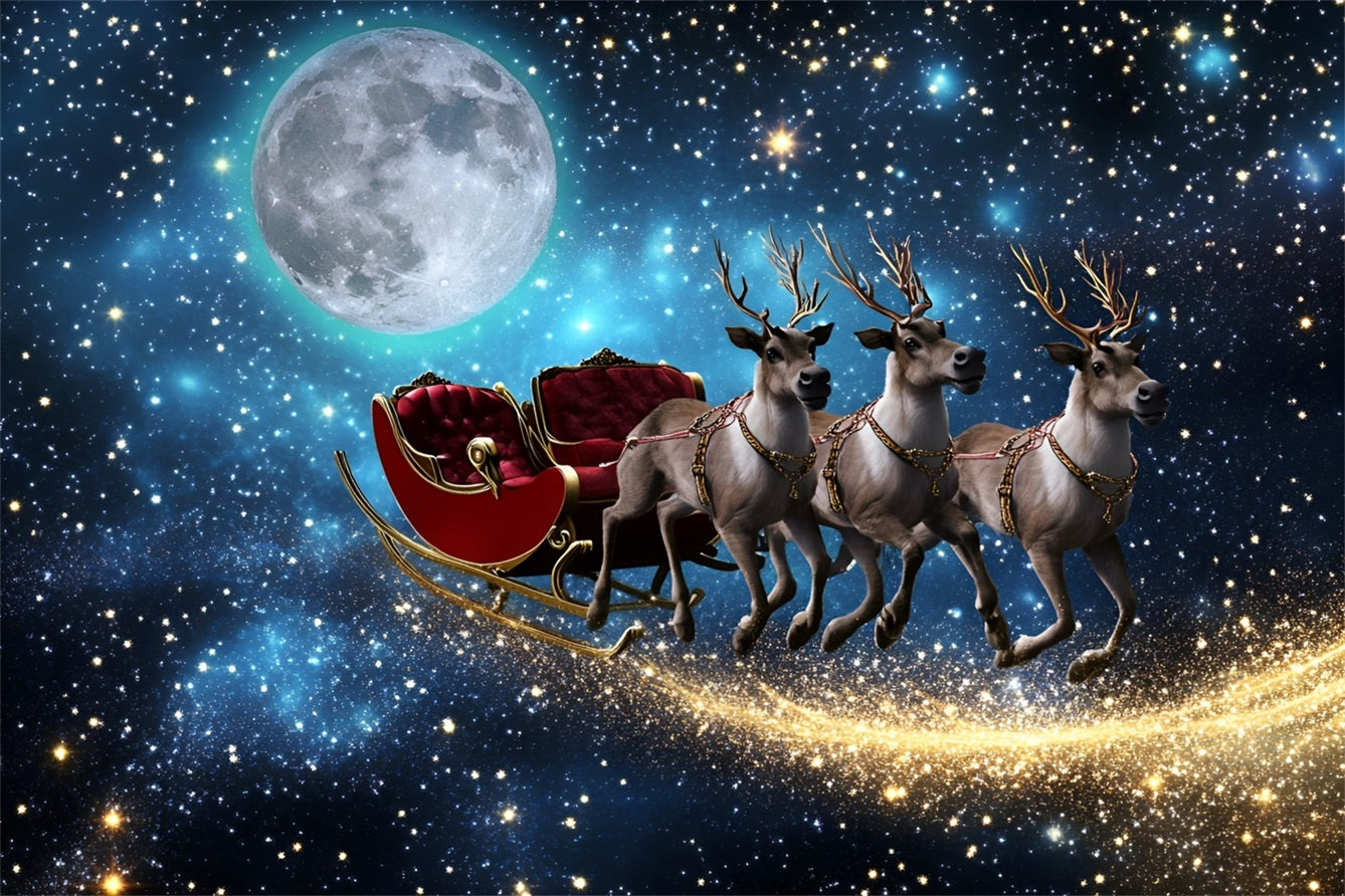 Night Sky Backdrop Flying Reindeer Sleigh Under Moonlight Christmas Backdrops For Photos UK GQ58-44