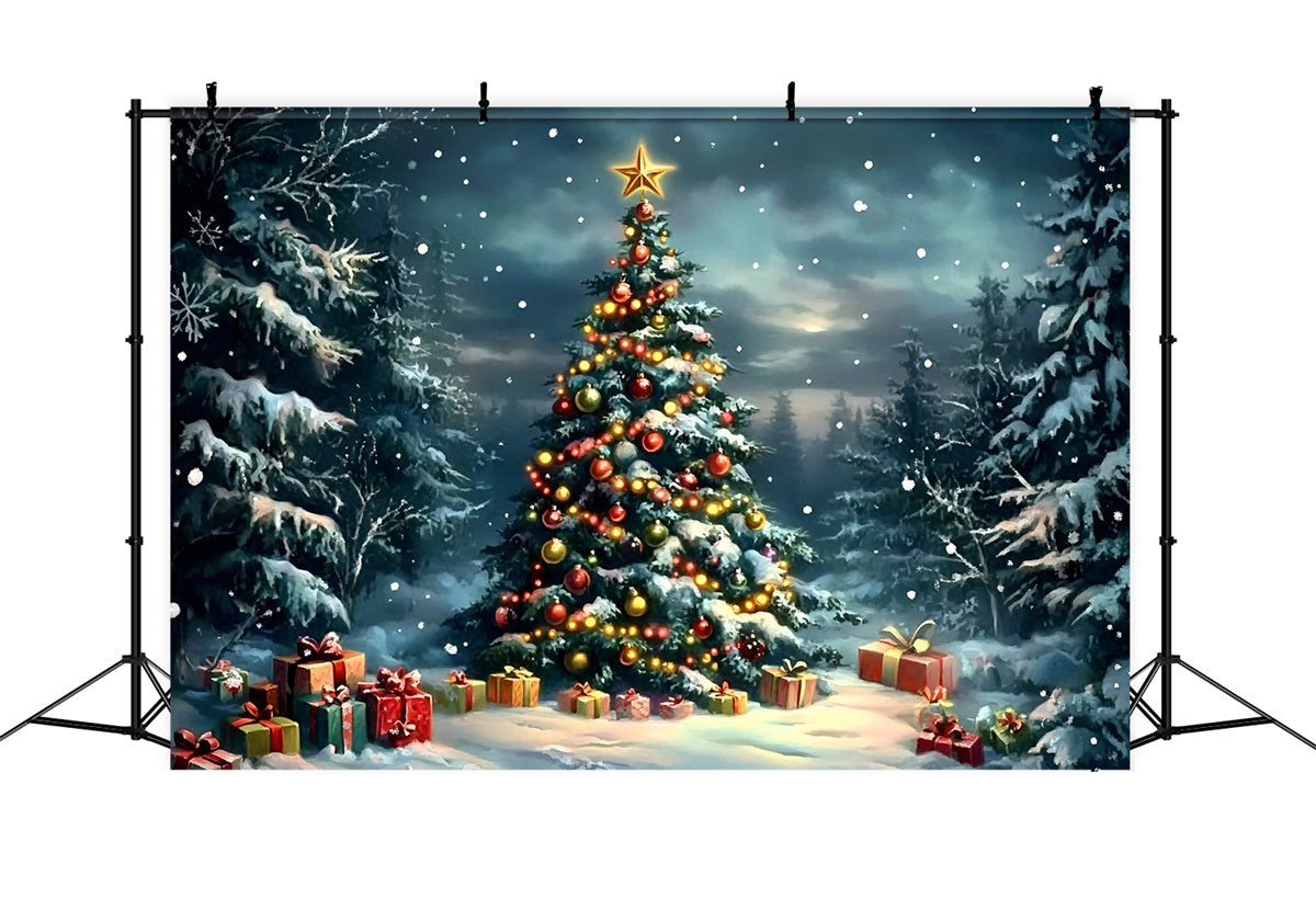 Night Sky Backdrop Snowy Pine Forest Decorated Tree Christmas Backdrops For Photos UK GQ58-45