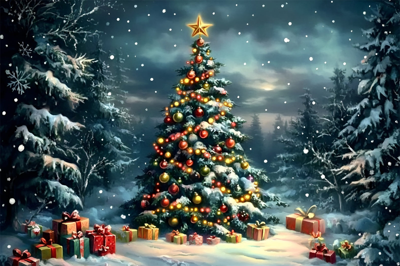Night Sky Backdrop Snowy Pine Forest Decorated Tree Christmas Backdrops For Photos UK GQ58-45