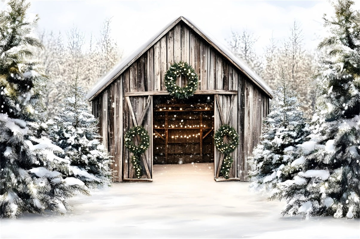 Christmas Tree Farm Backdrop Rustic Wooden Barn Holiday Wreaths Christmas Village Backdrop UK GQ58-46