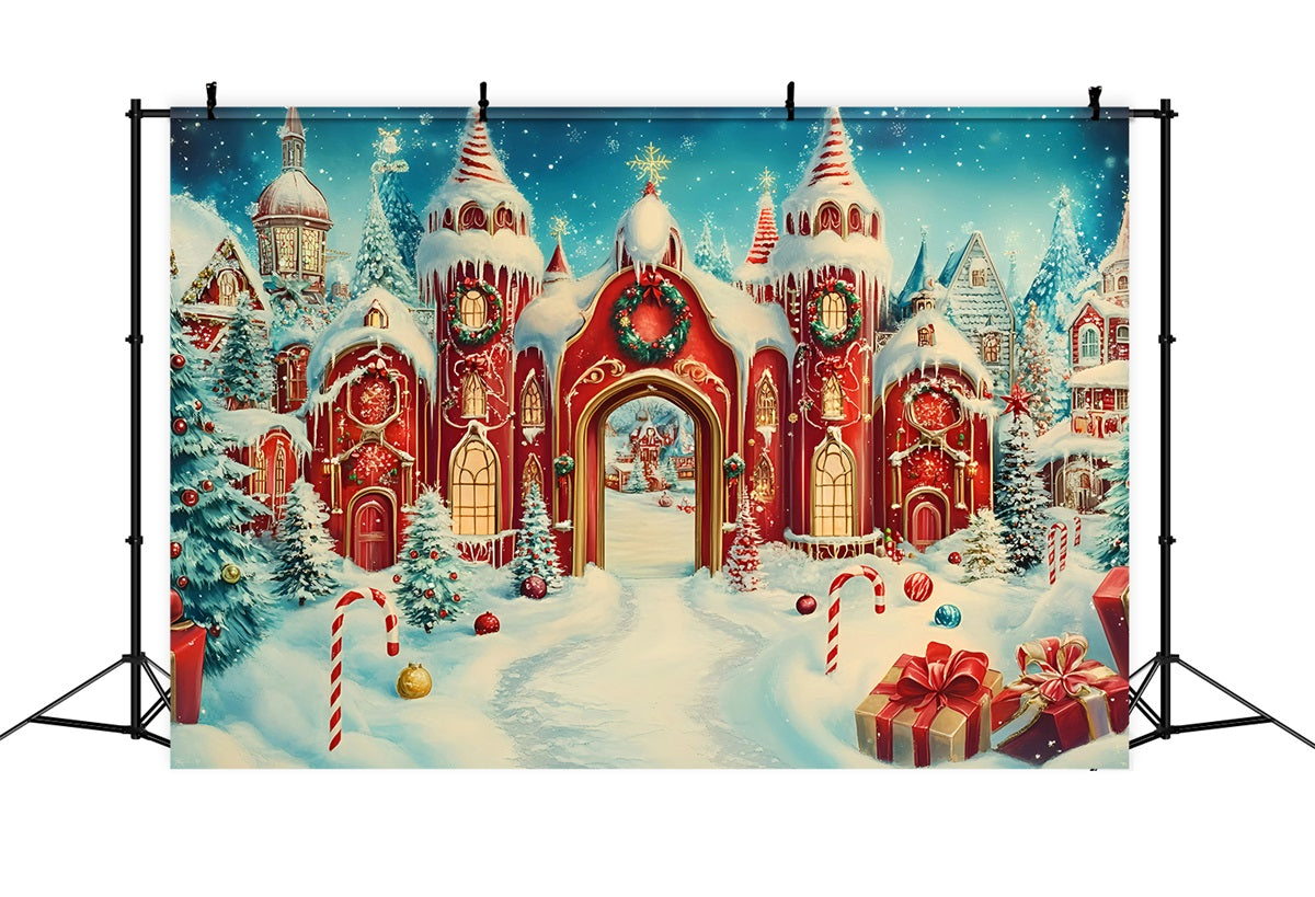 North Pole Backdrop Candy Cane Castle with Snowy Towers Christmas Backdrop Photography UK GQ58-55