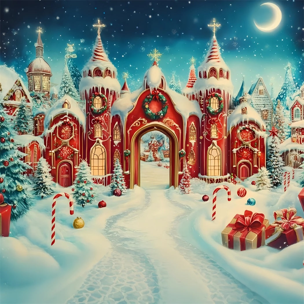 North Pole Backdrop Candy Cane Castle with Snowy Towers Christmas Backdrop Photography UK GQ58-55