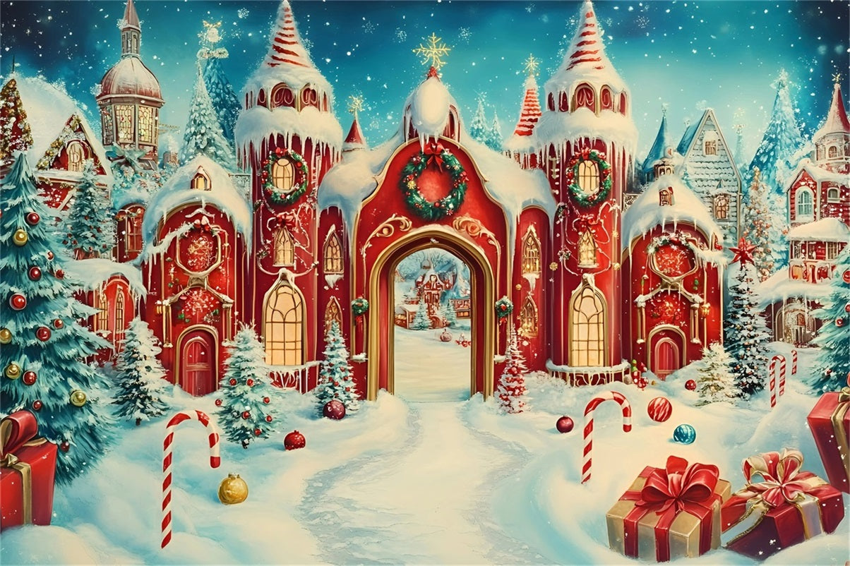North Pole Backdrop Candy Cane Castle with Snowy Towers Christmas Backdrop Photography UK GQ58-55
