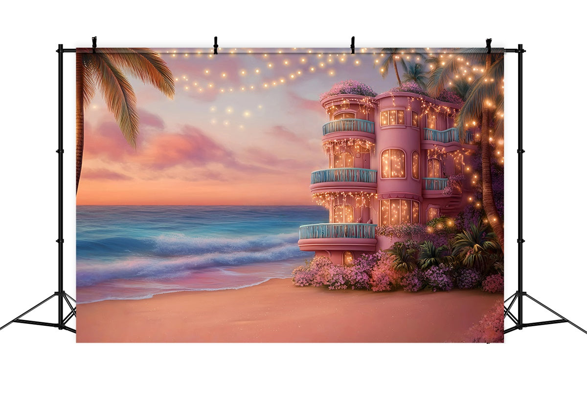 Pink Beach Backdrop Sunset Coastal Villa Summer Backdrop UK GQ6-10