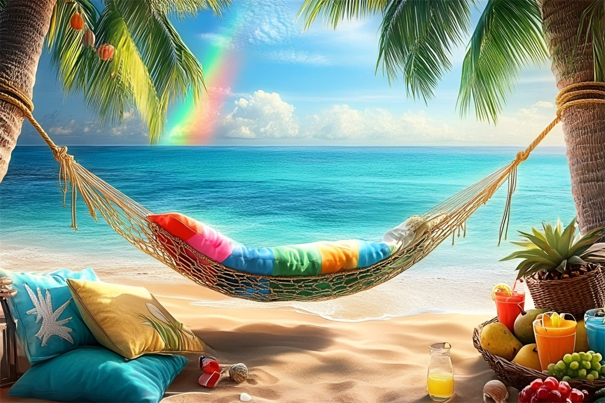 Tropical Beach Backdrop Palm Rainbow Hammock Summer Backdrop UK GQ6-14