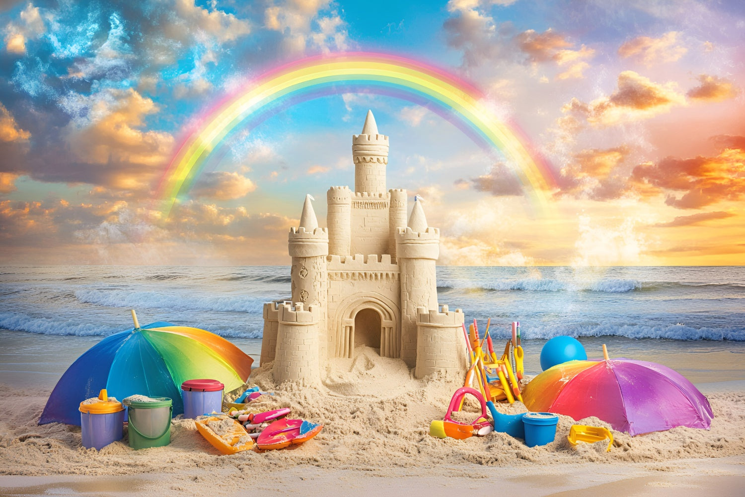 Rainbow Backdrop Sunset Sandcastle Summer Beach Backdrop UK GQ6-17