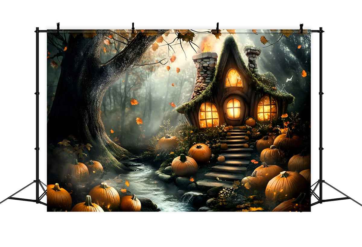 Forest Backdrop Haunted Pumpkin Cottage Halloween Backdrop UK GQ6-195