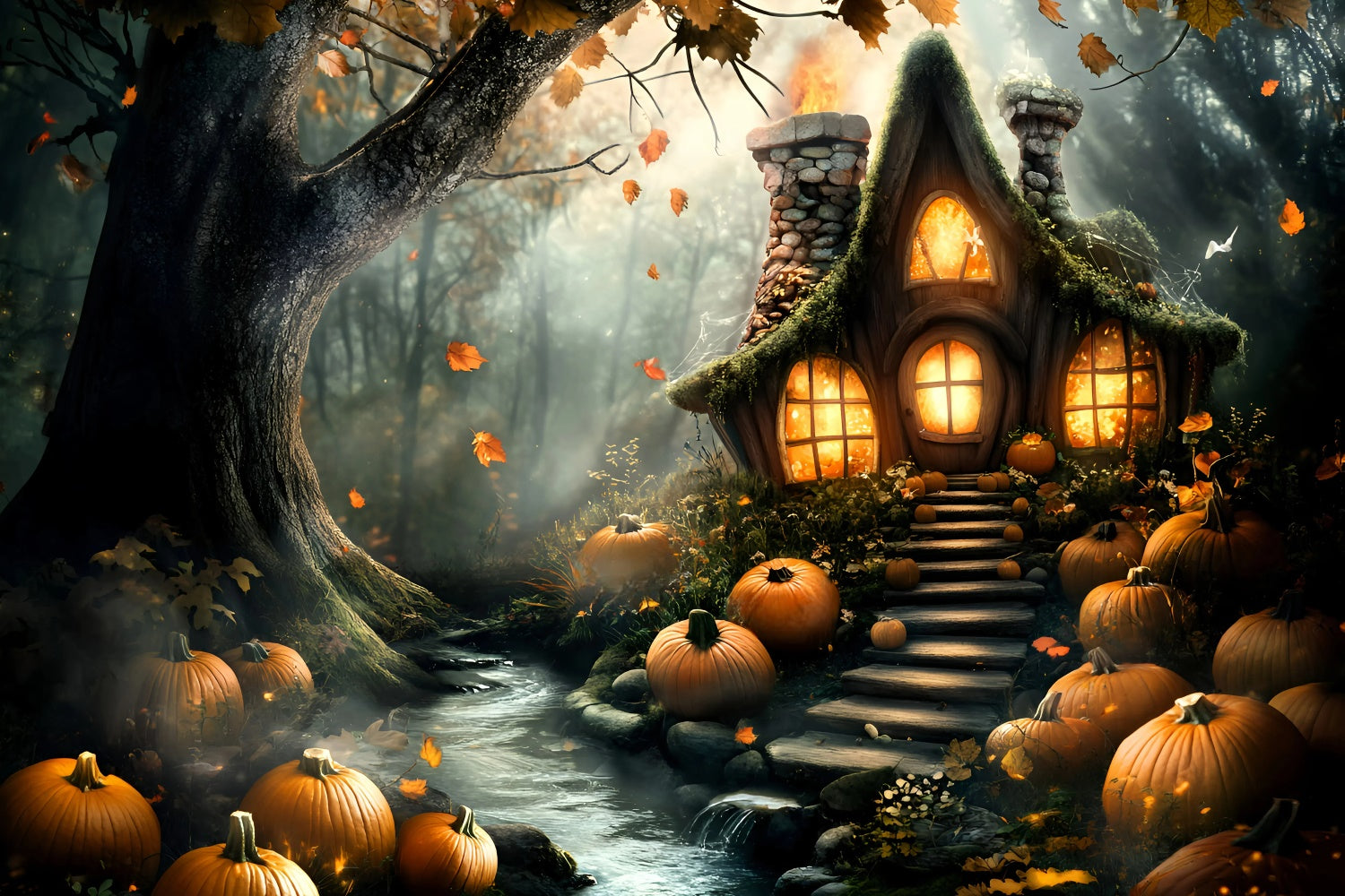Forest Backdrop Haunted Pumpkin Cottage Halloween Backdrop UK GQ6-195