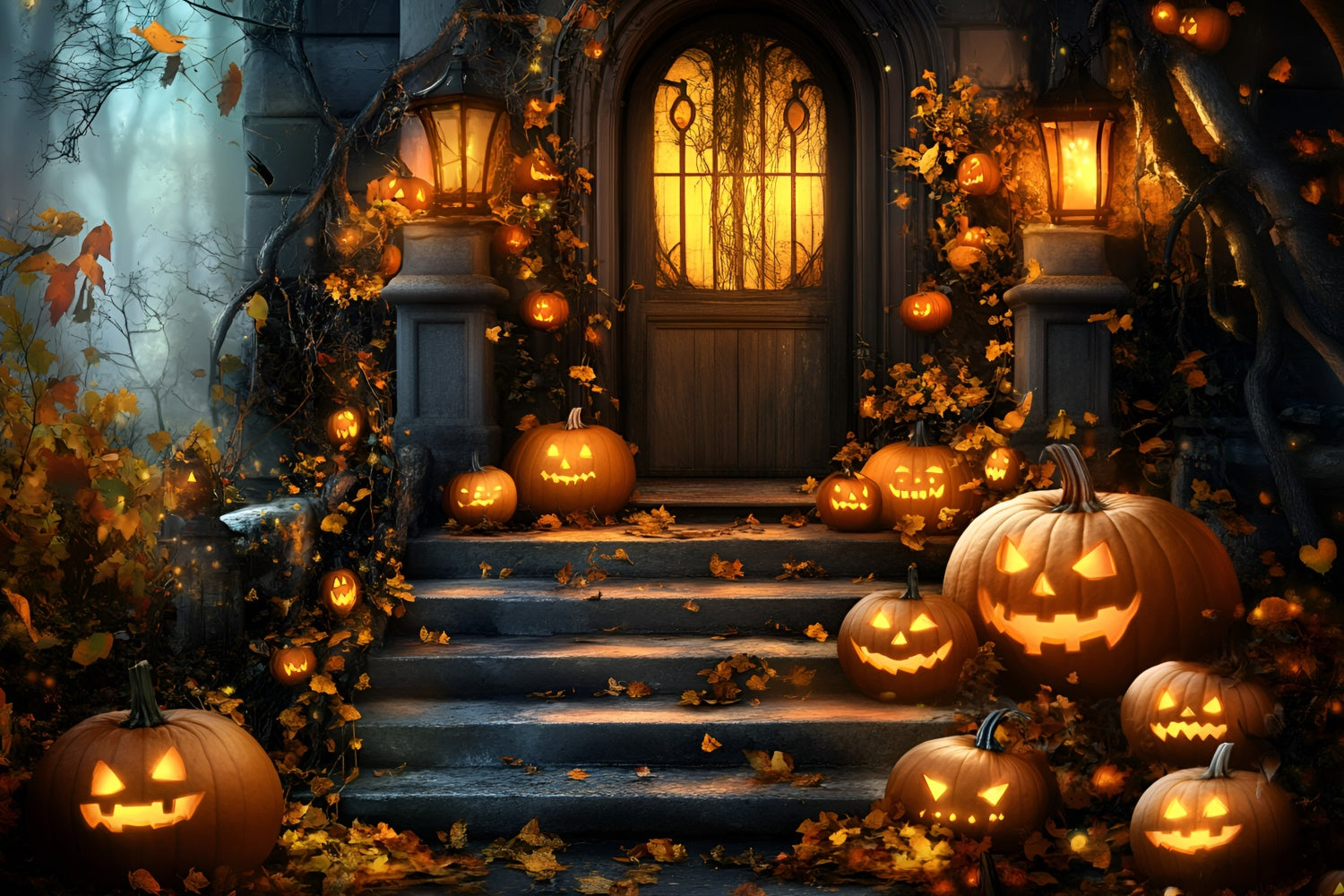 Halloween Photography Backdrop Haunted Pumpkin Porch Backdrop UK GQ6-198