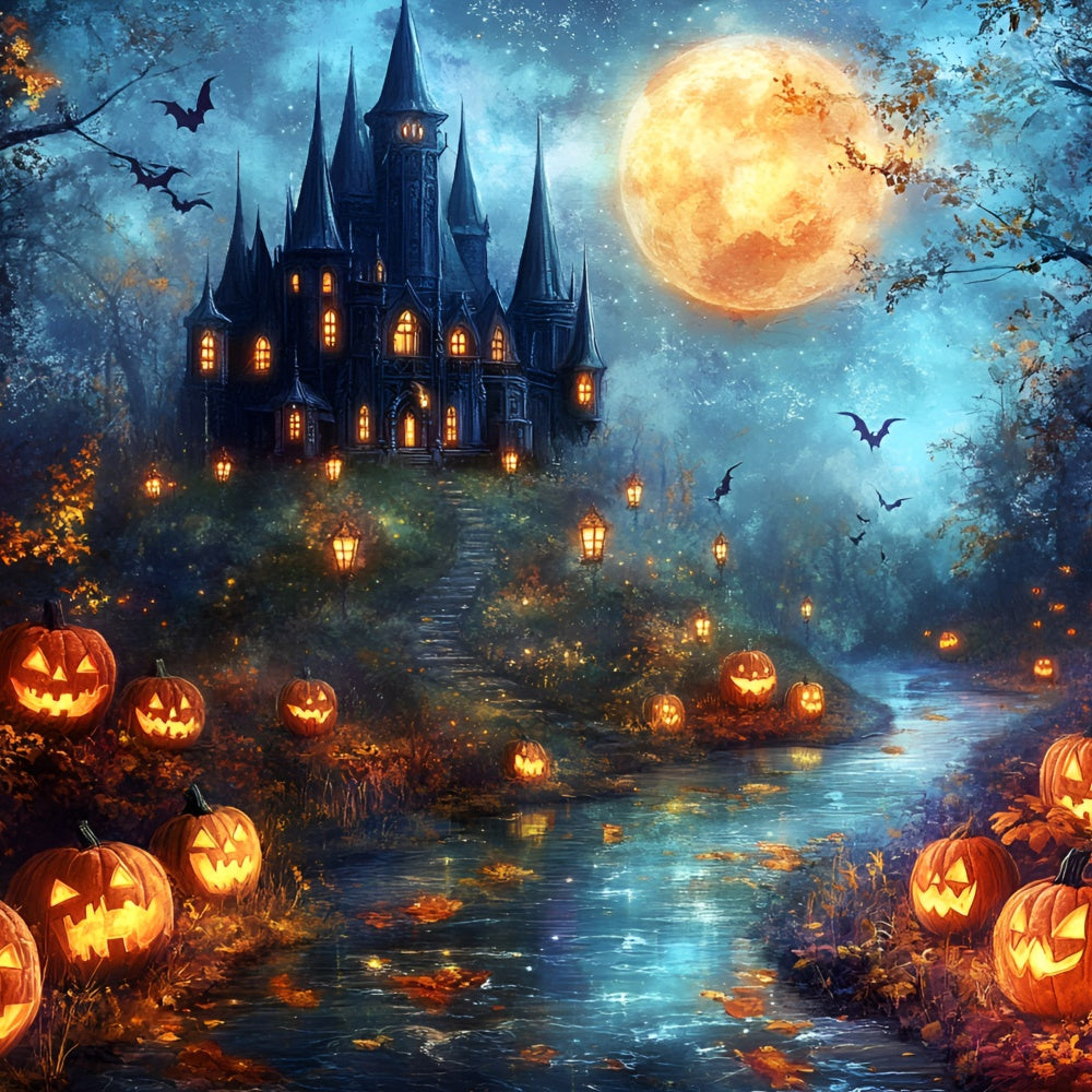 Halloween Moon Backdrop Haunted Castle Pumpkin Backdrop UK GQ6-206