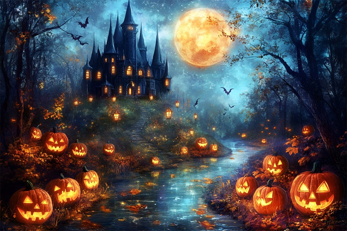 Halloween Moon Backdrop Haunted Castle Pumpkin Backdrop UK GQ6-206