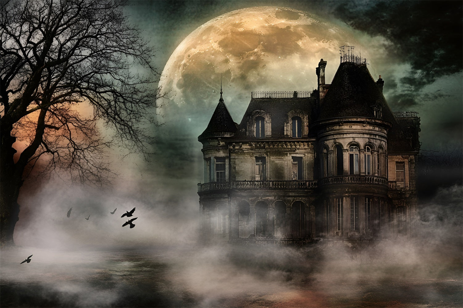 Halloween Moon Backdrop Moonlit Haunted Mansion Backdrop UK GQ6-209