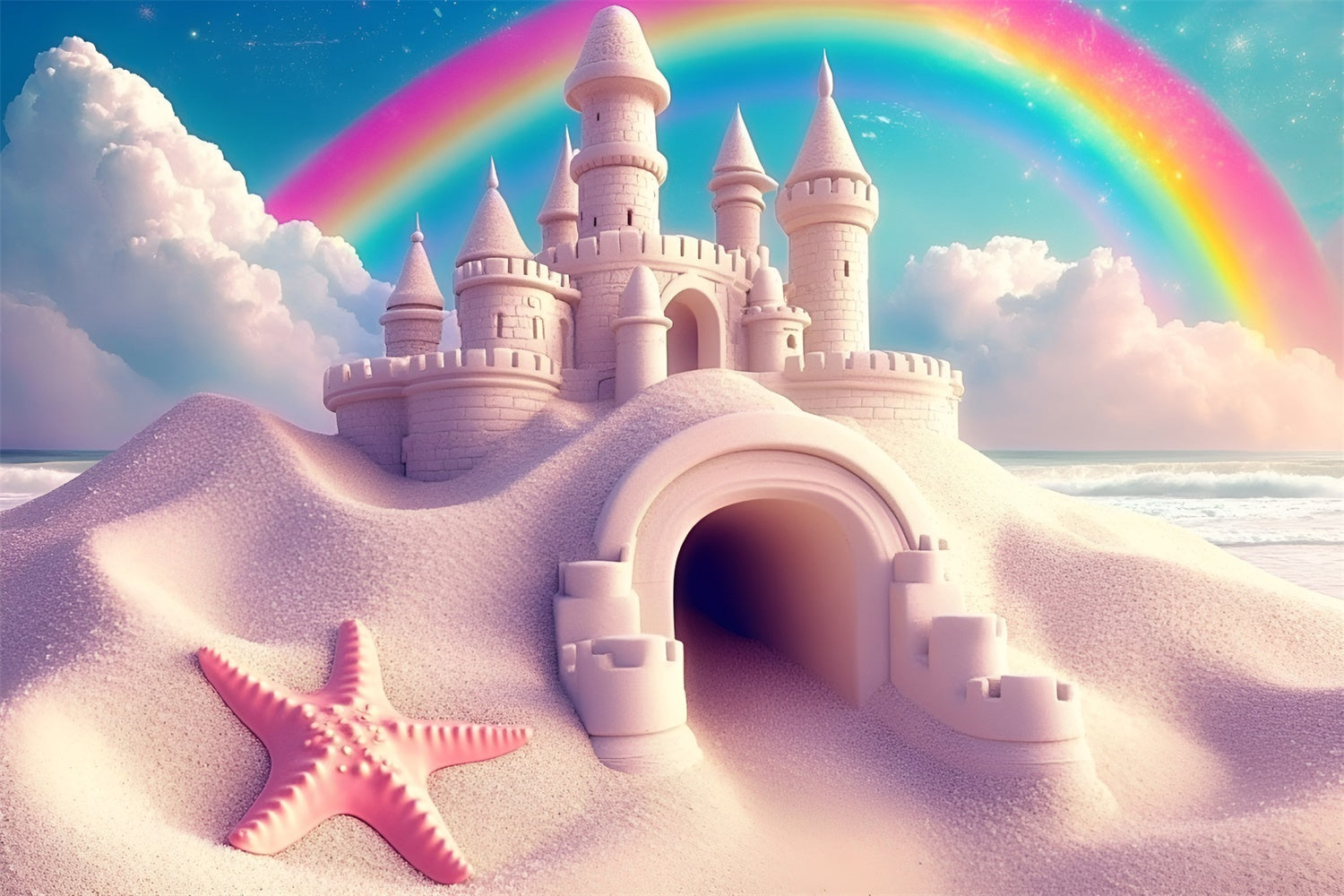 Rainbow Photo Backdrop Dreamy Beach Fortress Summer Backdrop UK GQ6-21