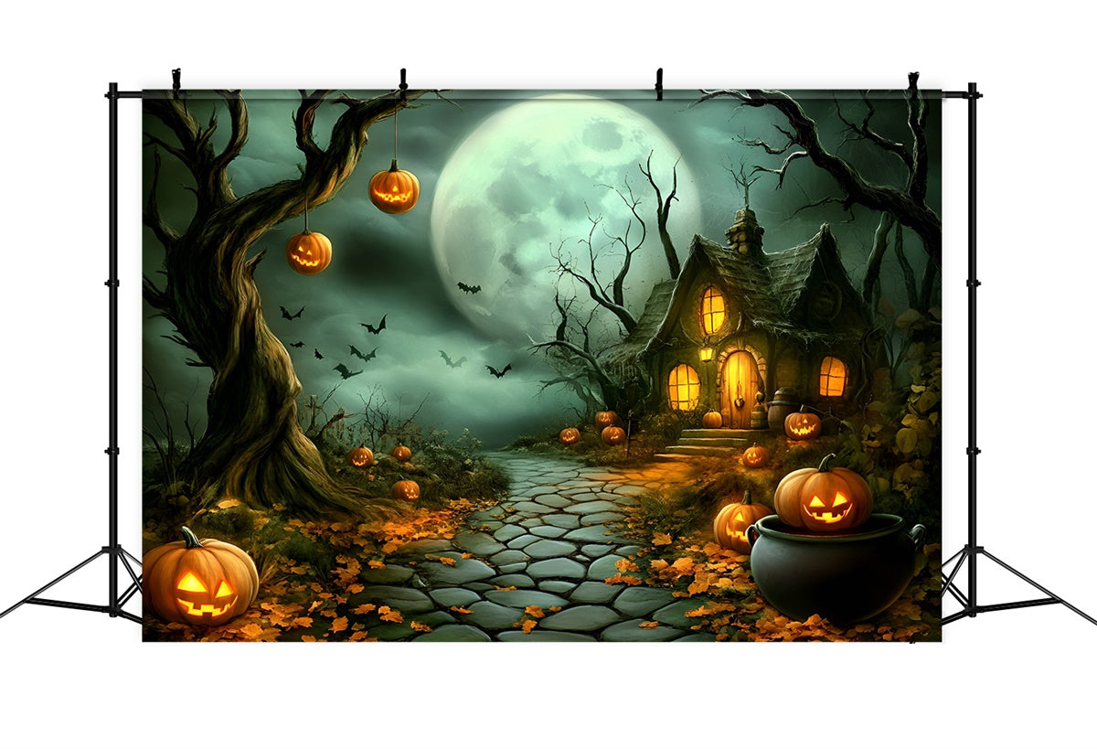 Halloween Moon Backdrop Haunted Pumpkin Cottage Path Backdrop UK GQ6-210