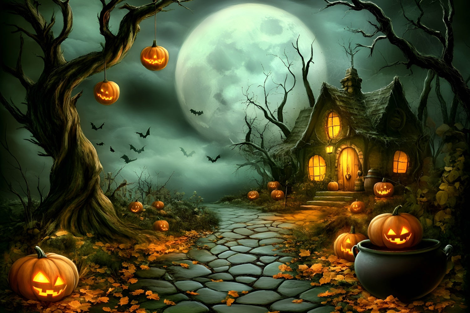 Halloween Moon Backdrop Haunted Pumpkin Cottage Path Backdrop UK GQ6-210