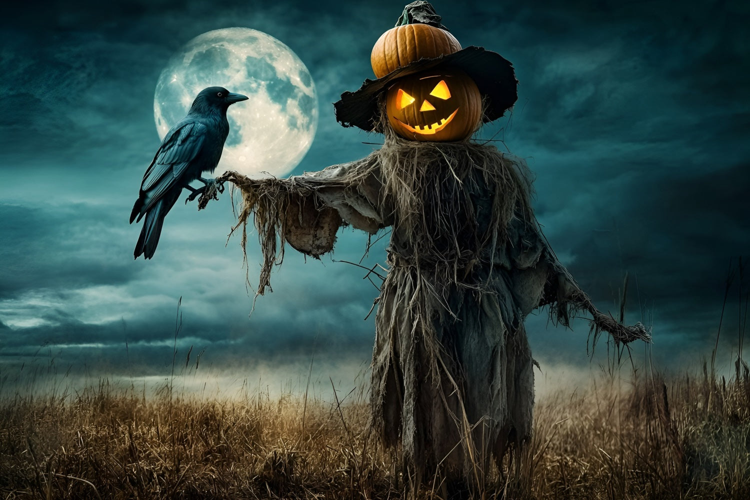 Halloween Backdrop Haunted Pumpkin Scarecrow Field Backdrop UK GQ6-212