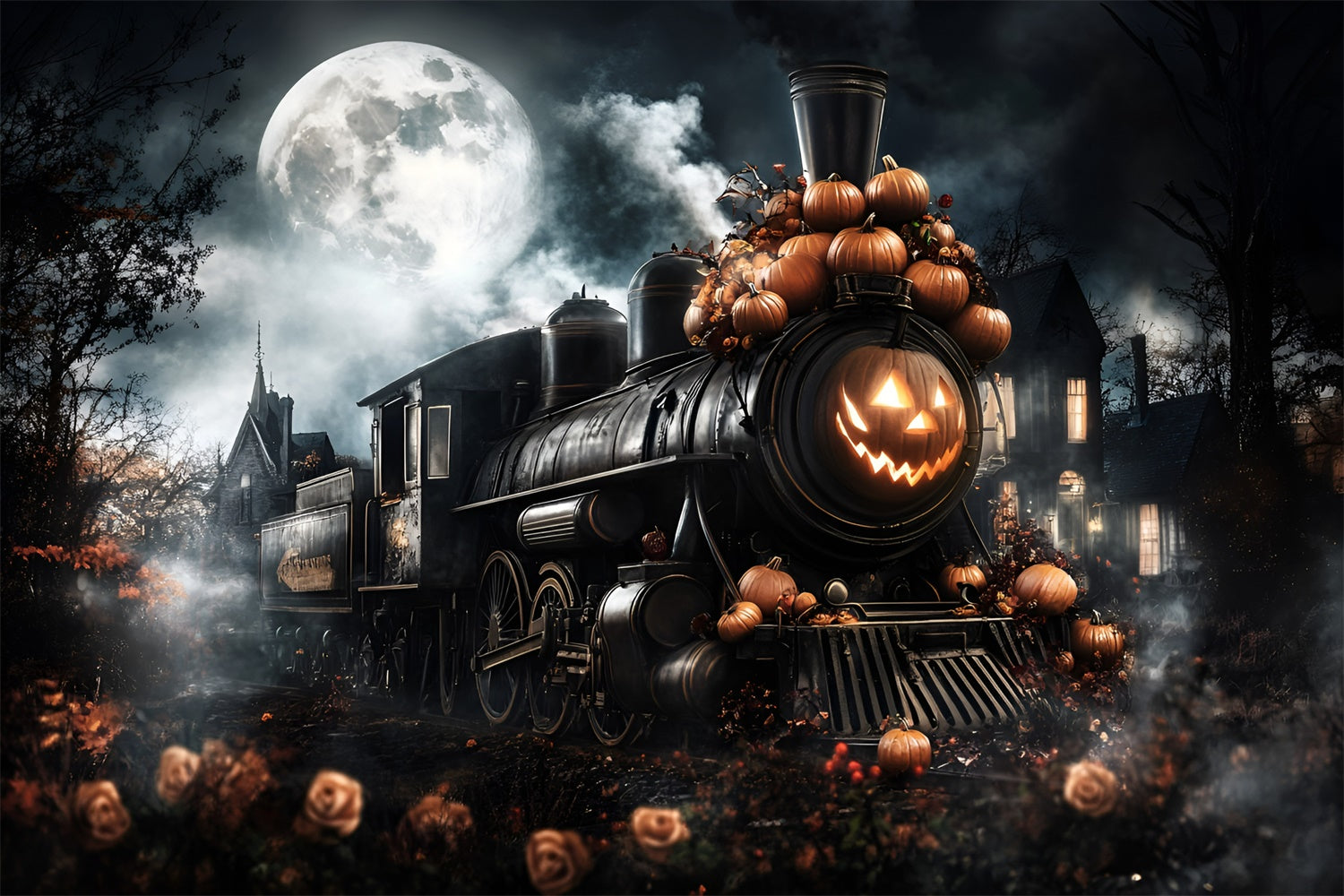 Halloween Moon Backdrop Phantom Train Moonlit Night Backdrop UK GQ6-223