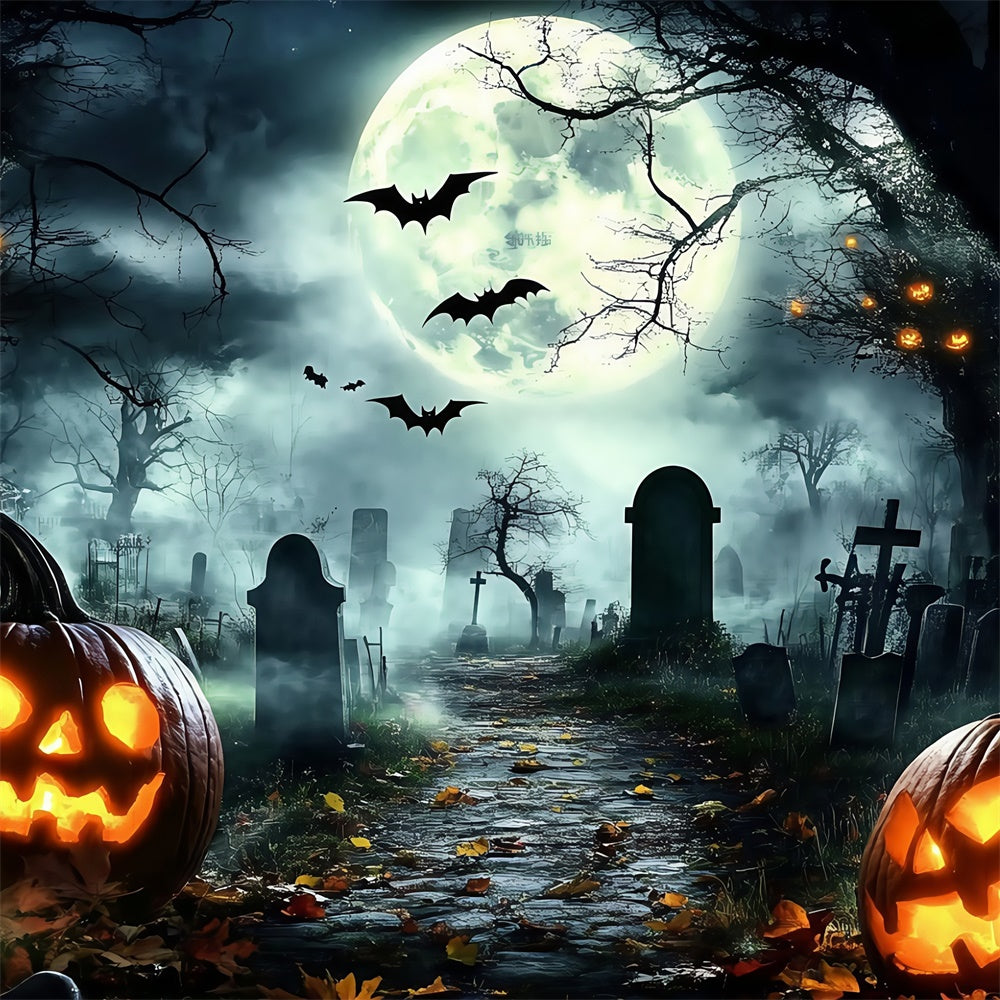Halloween Graveyard Backdrop Midnight Bats Pumpkin Backdrop UK GQ6-228
