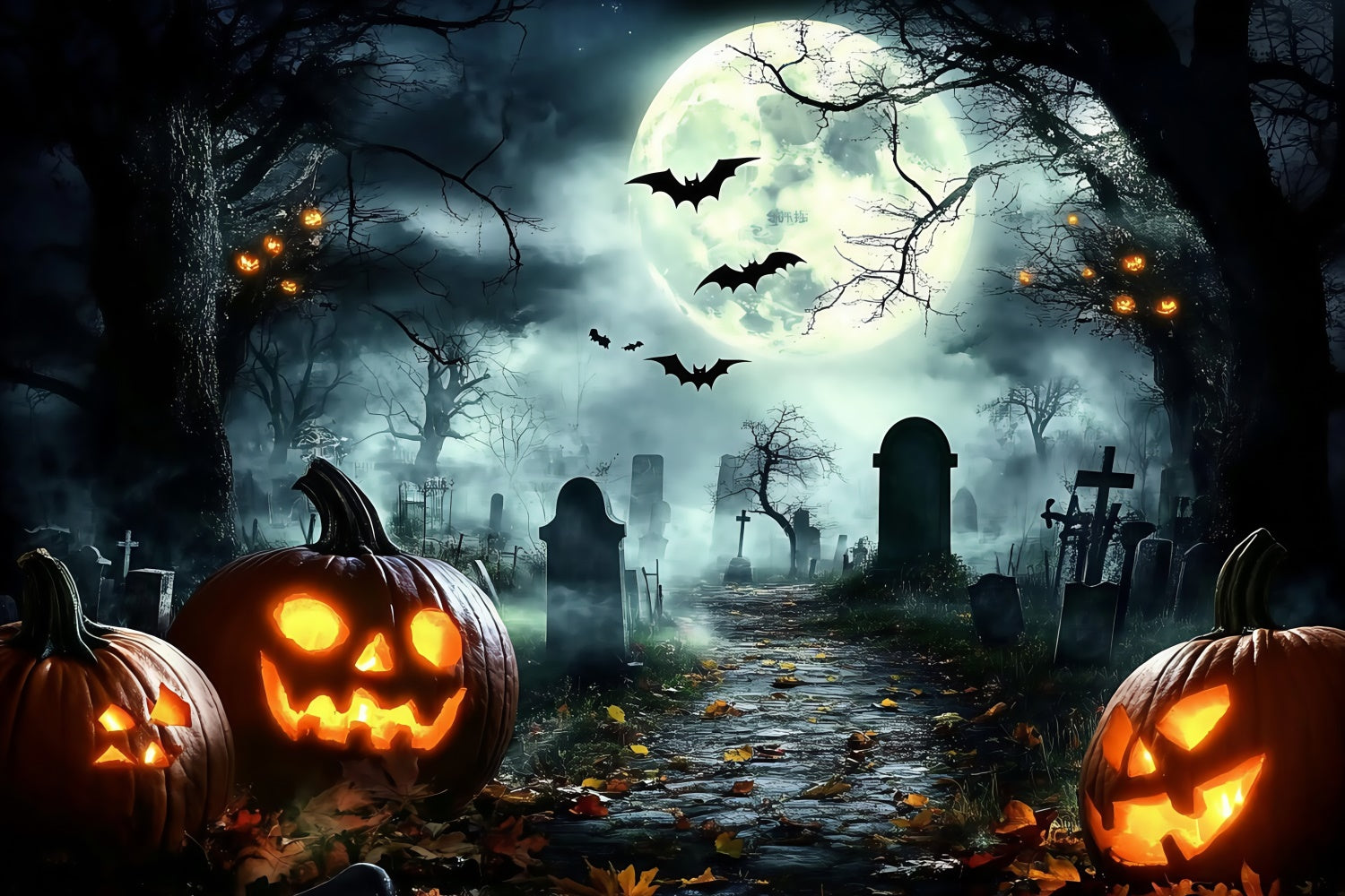 Halloween Graveyard Backdrop Midnight Bats Pumpkin Backdrop UK GQ6-228