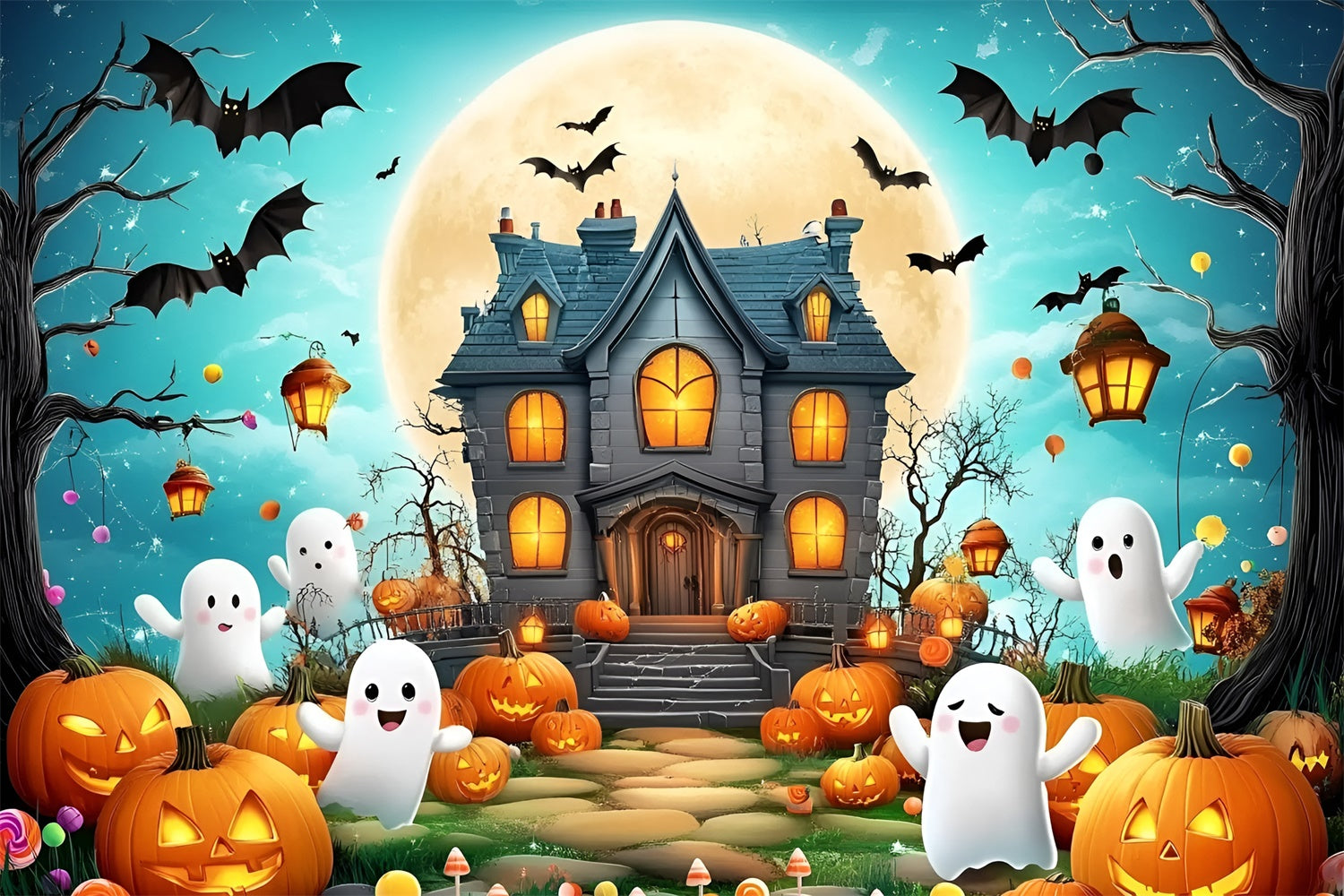 Cute Halloween Backdrop Haunted House Pumpkin Party Backdrop UK GQ6-231