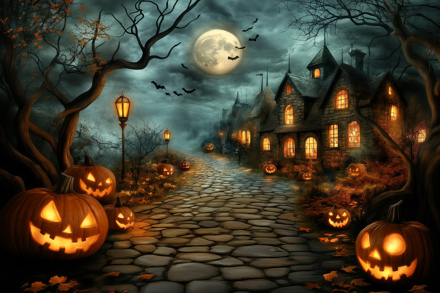 Photography Halloween Backdrop Pumpkin Path Village Backdrop UK GQ6-240