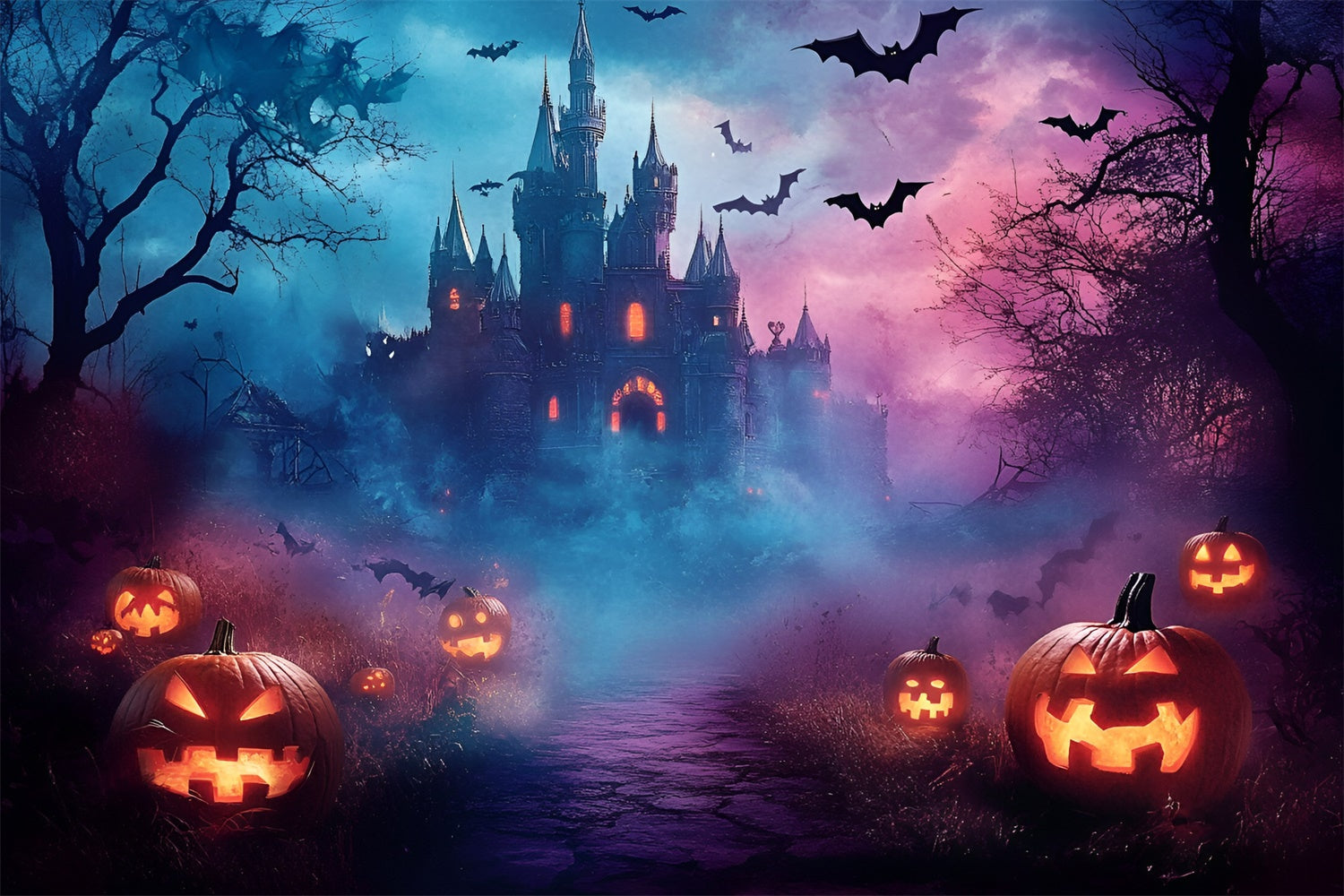 Halloween Picture Backdrop Spooky Misty Castle Night Backdrop UK GQ6-242